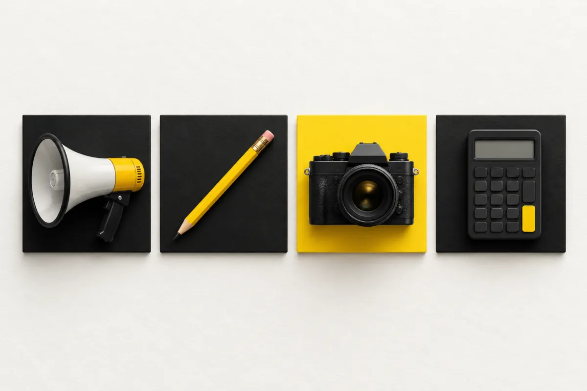 Illustration: a flat-lay of four objects in a row on warm paper, a megaphone, a pencil, a camera and a calculator, each on its own black square tile, one tile yellow