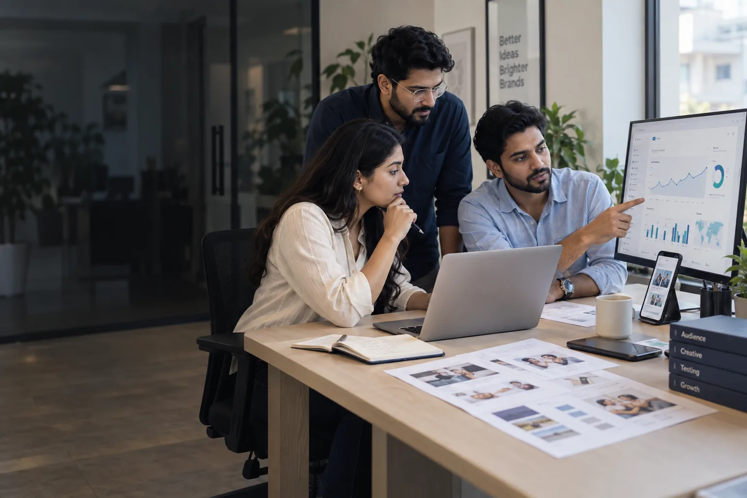 Performance marketing team reviewing campaign creative and analytics