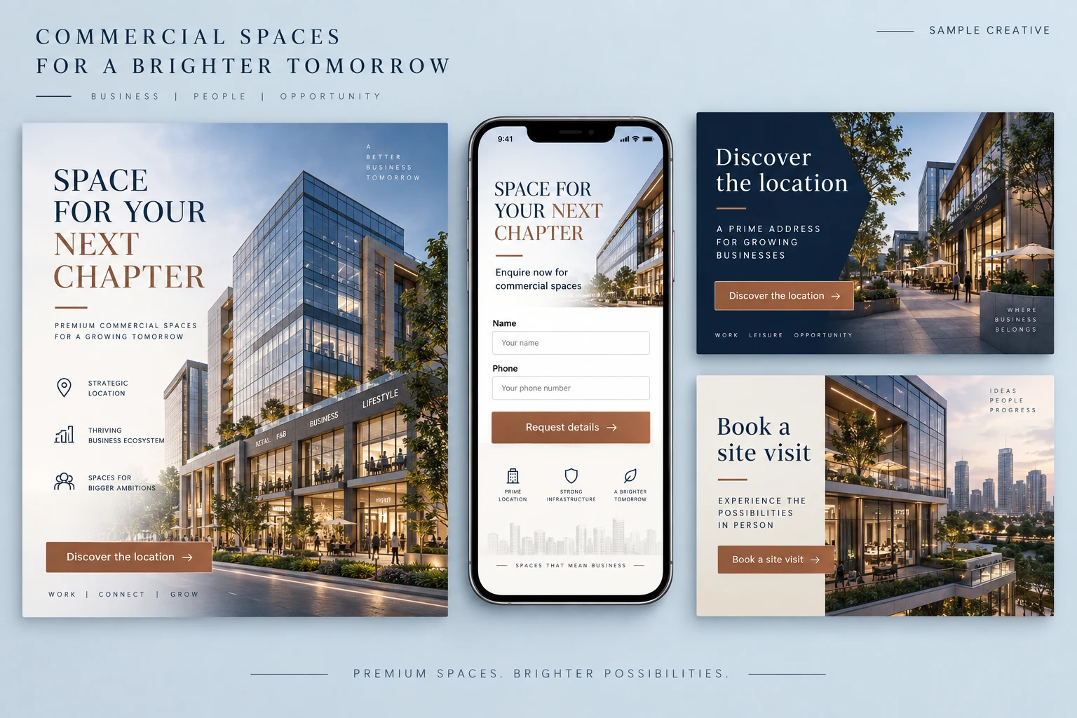 Illustrative commercial property lead generation ads and mobile enquiry form in navy and copper