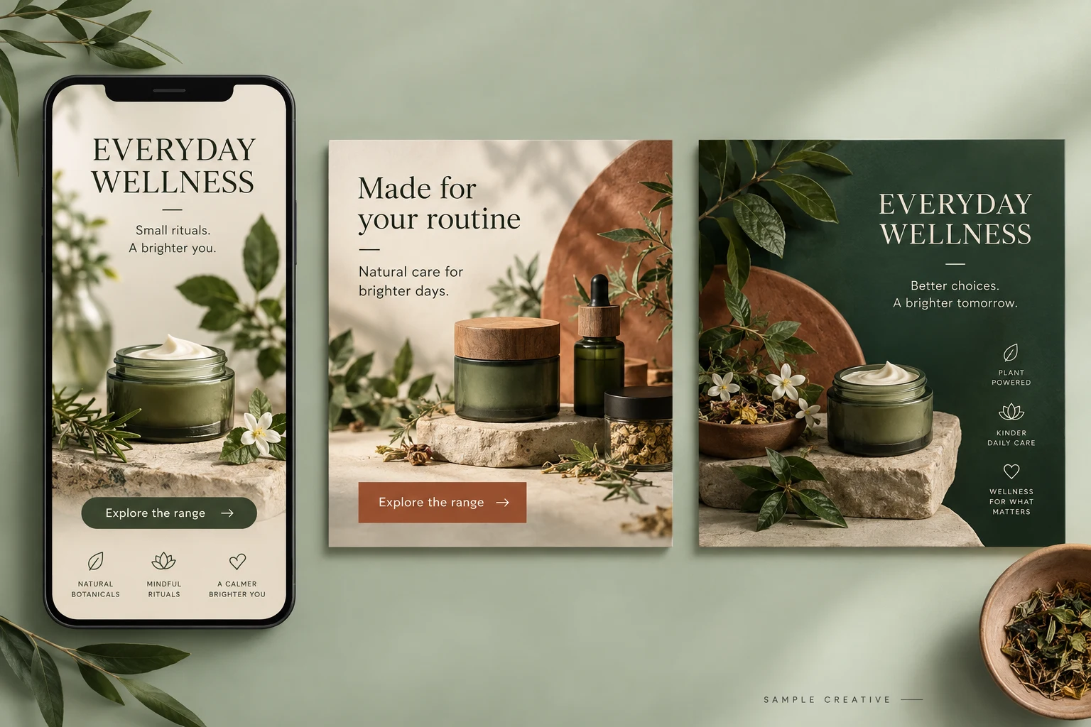 Illustrative wellness ecommerce campaign with botanical product ads in sage and cream