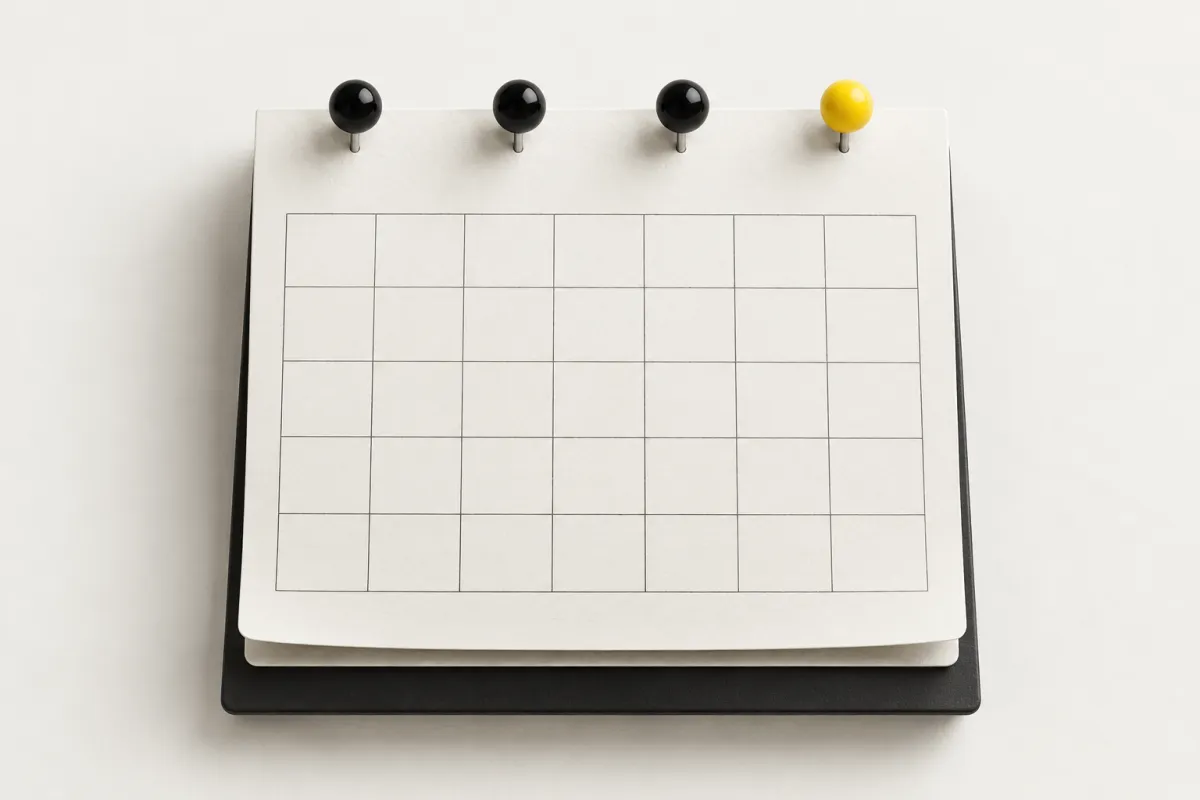 Illustration: a calendar page with no numbers on warm paper, three black pins and one yellow pin