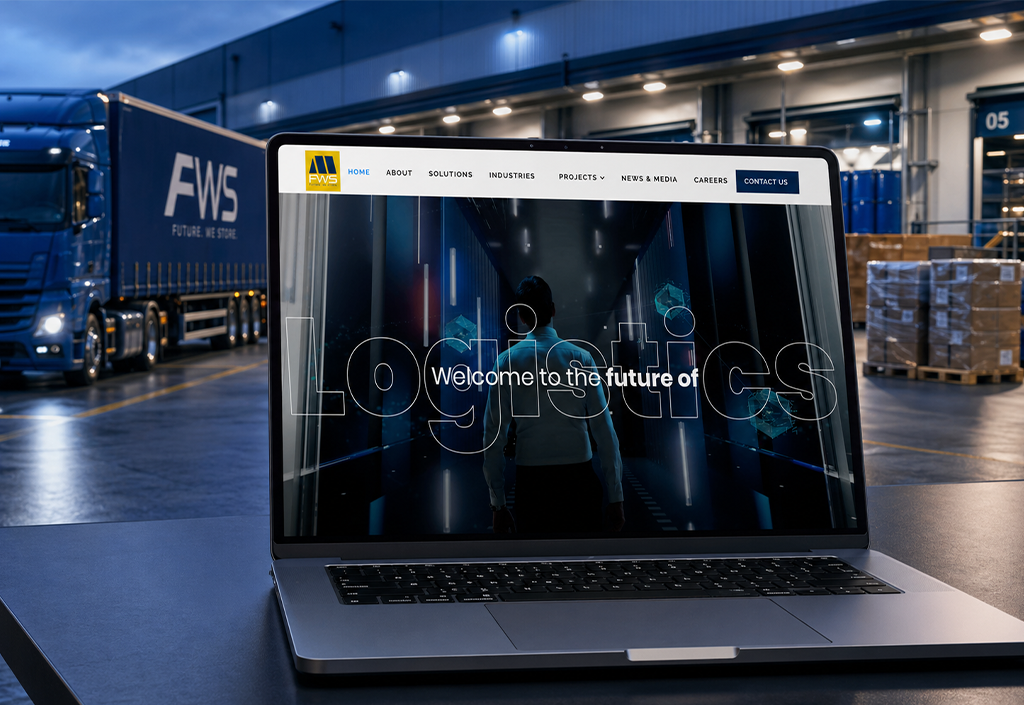Laptop on a warehouse table shows a logistics website with the slogan 'Welcome to the future of logistics' on the screen, trucks in the background.