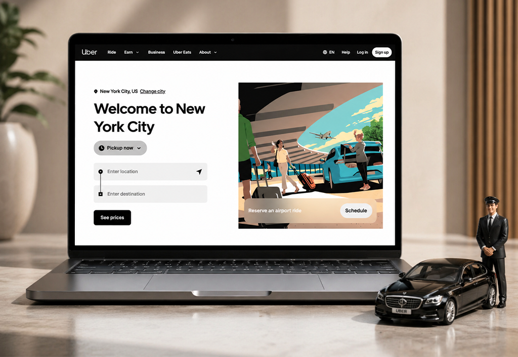 Laptop screen showing Uber's New York City ride booking page with pickup/destination fields and a 'Schedule' option, plus a toy black Uber car and driver figure nearby.