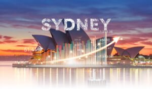 Sydney skyline with the Opera House at sunset and an upward financial chart indicating growth.