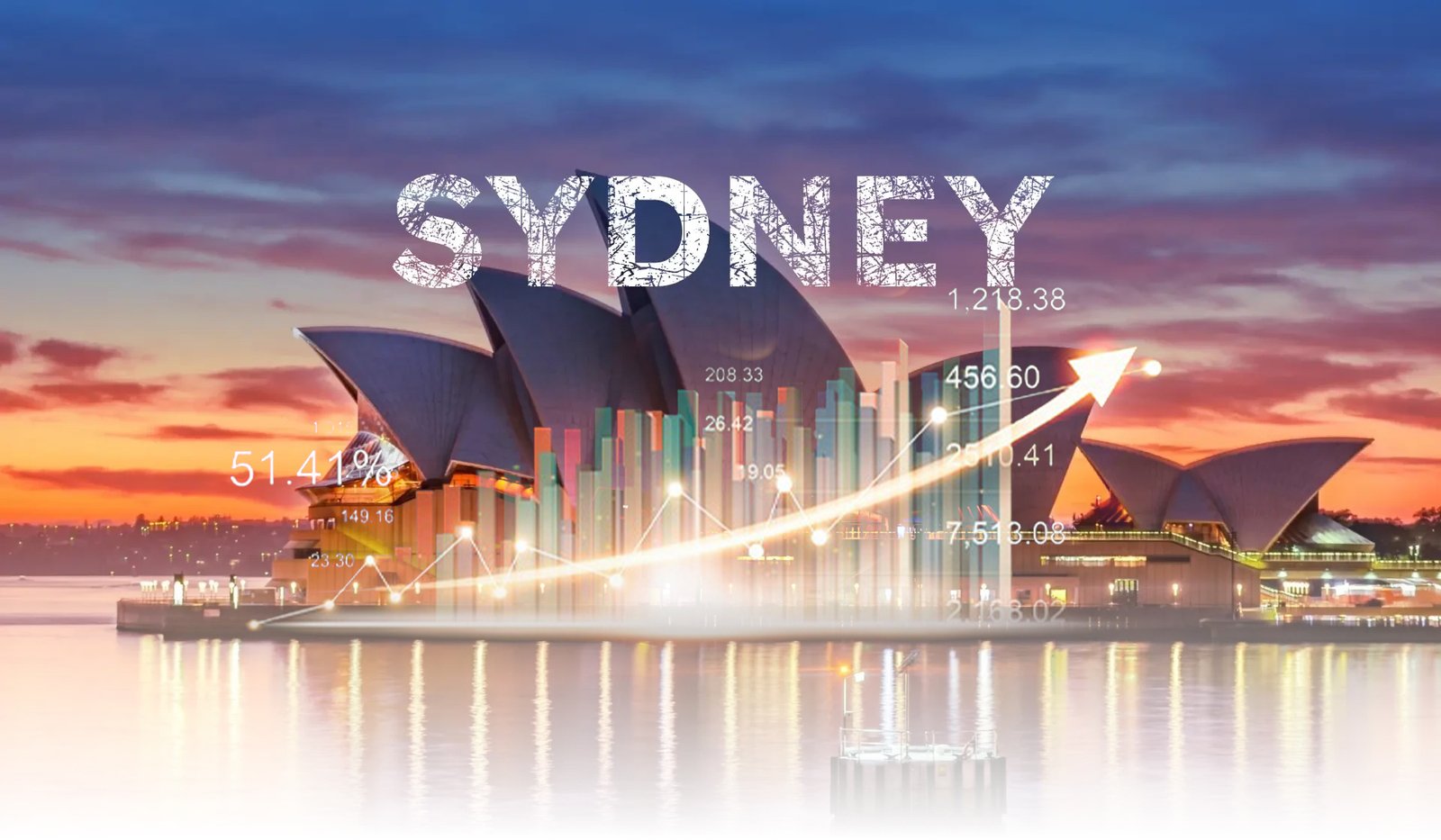 Sydney skyline with the Opera House at sunset and an upward financial chart indicating growth.