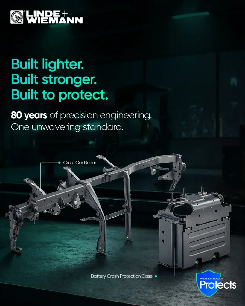 Linde+Wiemann ad showing a gray automotive frame with a battery crash protection case on a dark workshop background, and teal headline 'Built lighter. Built stronger. Built to protect.'