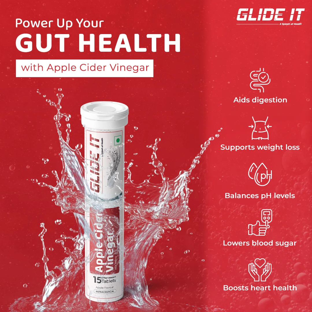 Glide It Apple Cider Vinegar ad with a splashing white bottle and 'Gut Health' emphasis.