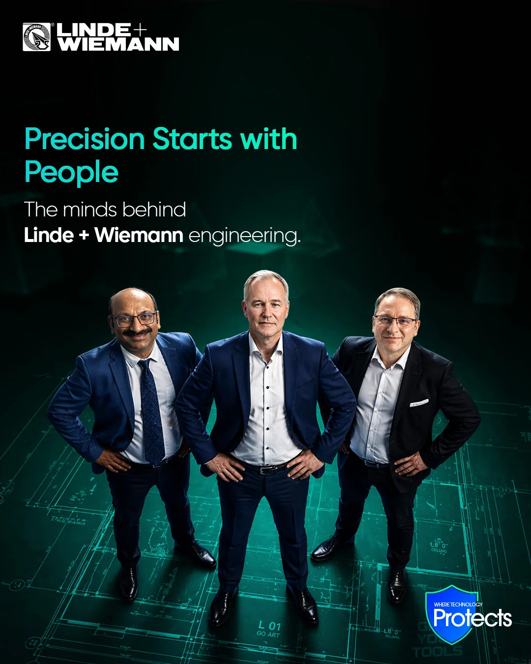 Three men in suits pose confidently on a teal blueprint background with the headline 'Precision Starts with People' and the Linde + Wiemann logo.