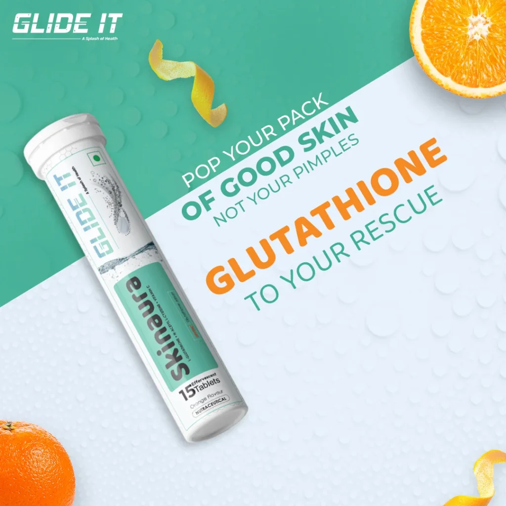 Bright advertisement showing a Glutathione tablet tube diagonally on a teal-to-white split background with citrus slices, promoting a skin whitening/tablet product for healthier skin.