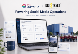 Hero image of Solvanta x Digistreet collaboration, with a laptop dashboard, a smartphone, a Solvanta mug, and a team outside the Solvanta building.