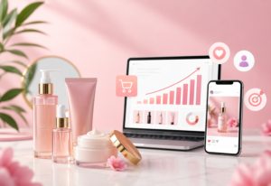 Pink skincare bottles and a cream jar sit on a pink-tinted desk beside a laptop displaying a growth chart and a smartphone showing a product post, all in a soft pink theme.