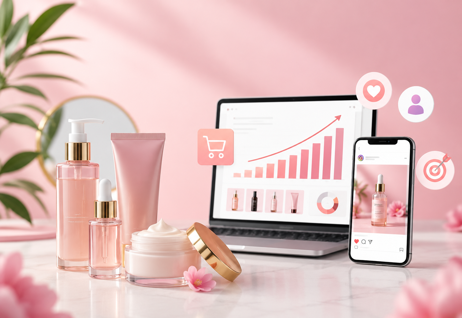 Pink skincare bottles and a cream jar sit on a pink-tinted desk beside a laptop displaying a growth chart and a smartphone showing a product post, all in a soft pink theme.