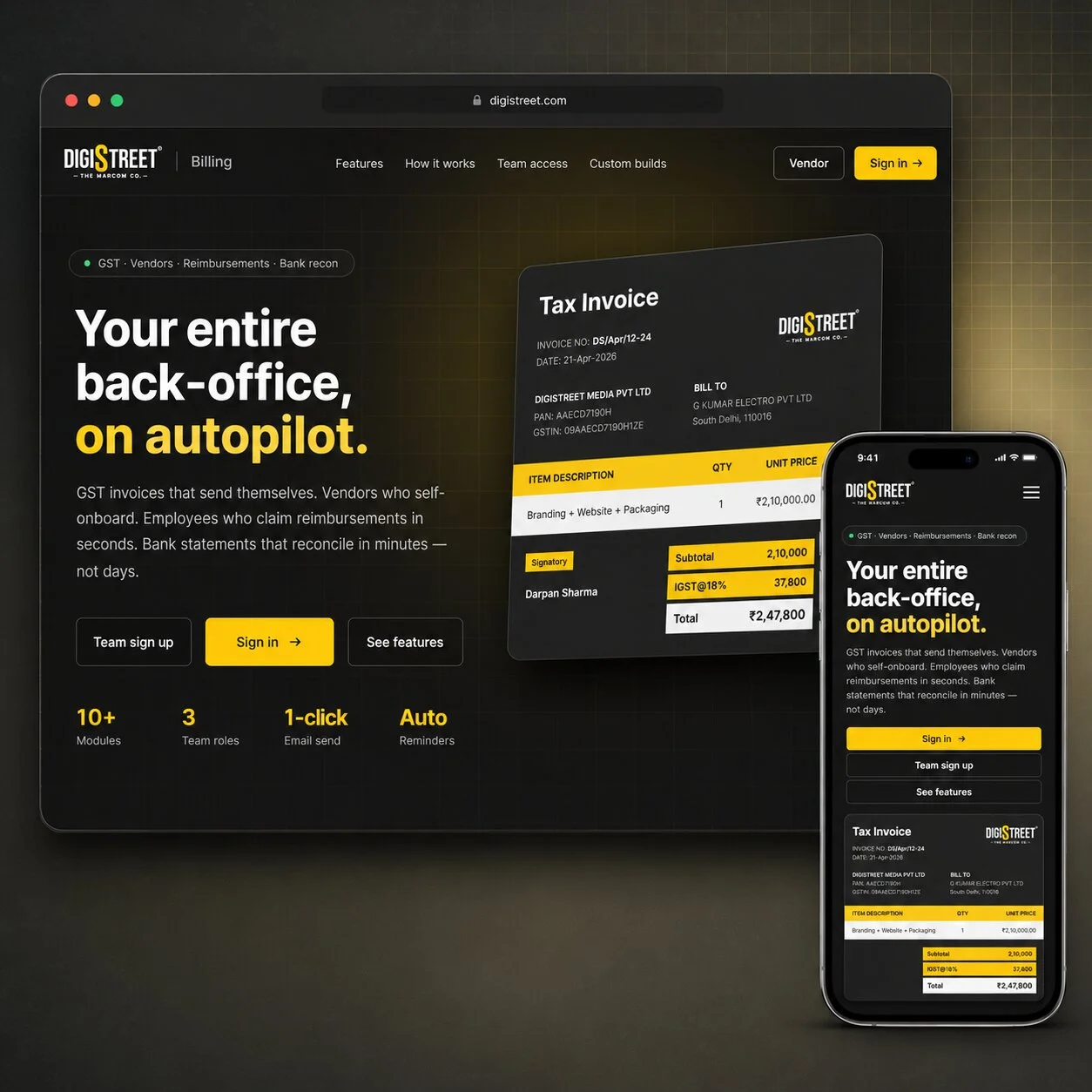 DigiStreet Billing responsive web application shown on laptop and mobile screens