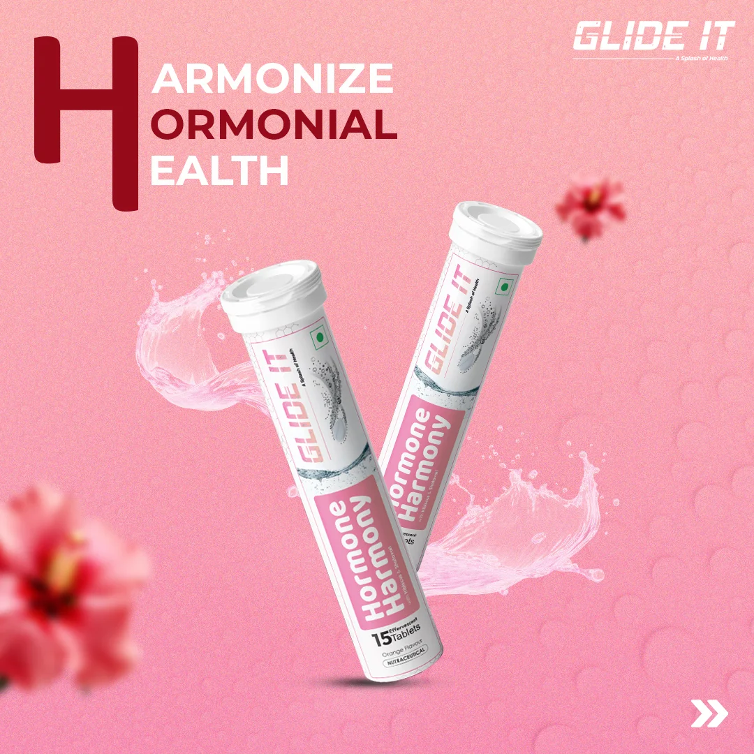Two white cylindrical containers labeled 'Hormone Harmony' cross at the center of a pink gradient poster for Glide It health product promo.