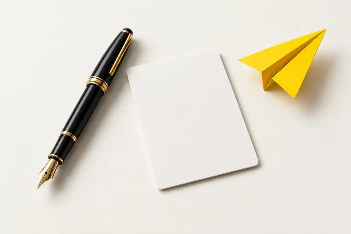 Illustration: a passport-sized blank card, a black fountain pen and a small yellow paper plane on warm paper