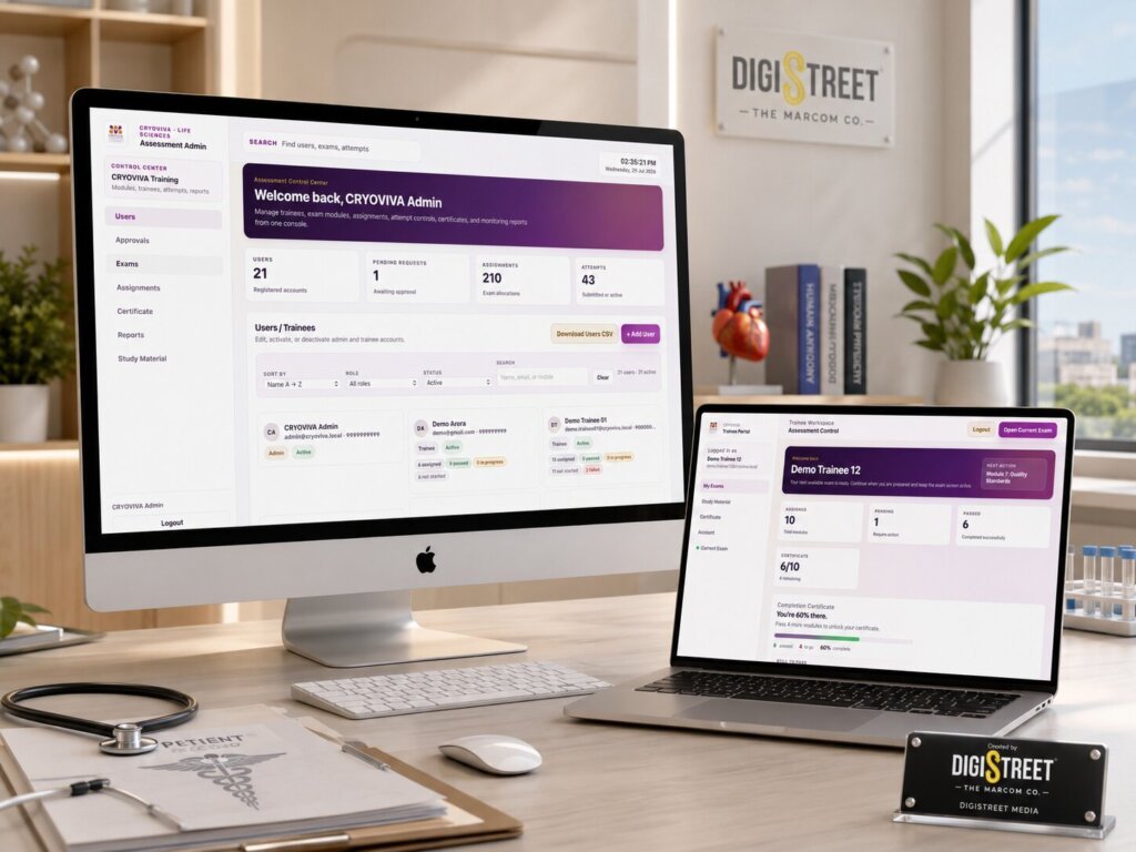 Medical learning app development company DigiStreet Media built the CRYOVIVA assessment platform shown on desktop and laptop screens