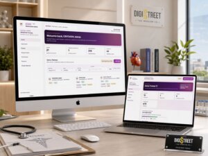 Medical learning app development company DigiStreet Media built the CRYOVIVA assessment platform shown on desktop and laptop screens
