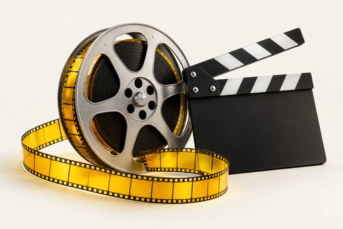 Illustration: a film reel and a blank clapperboard on warm paper with a yellow strip of film