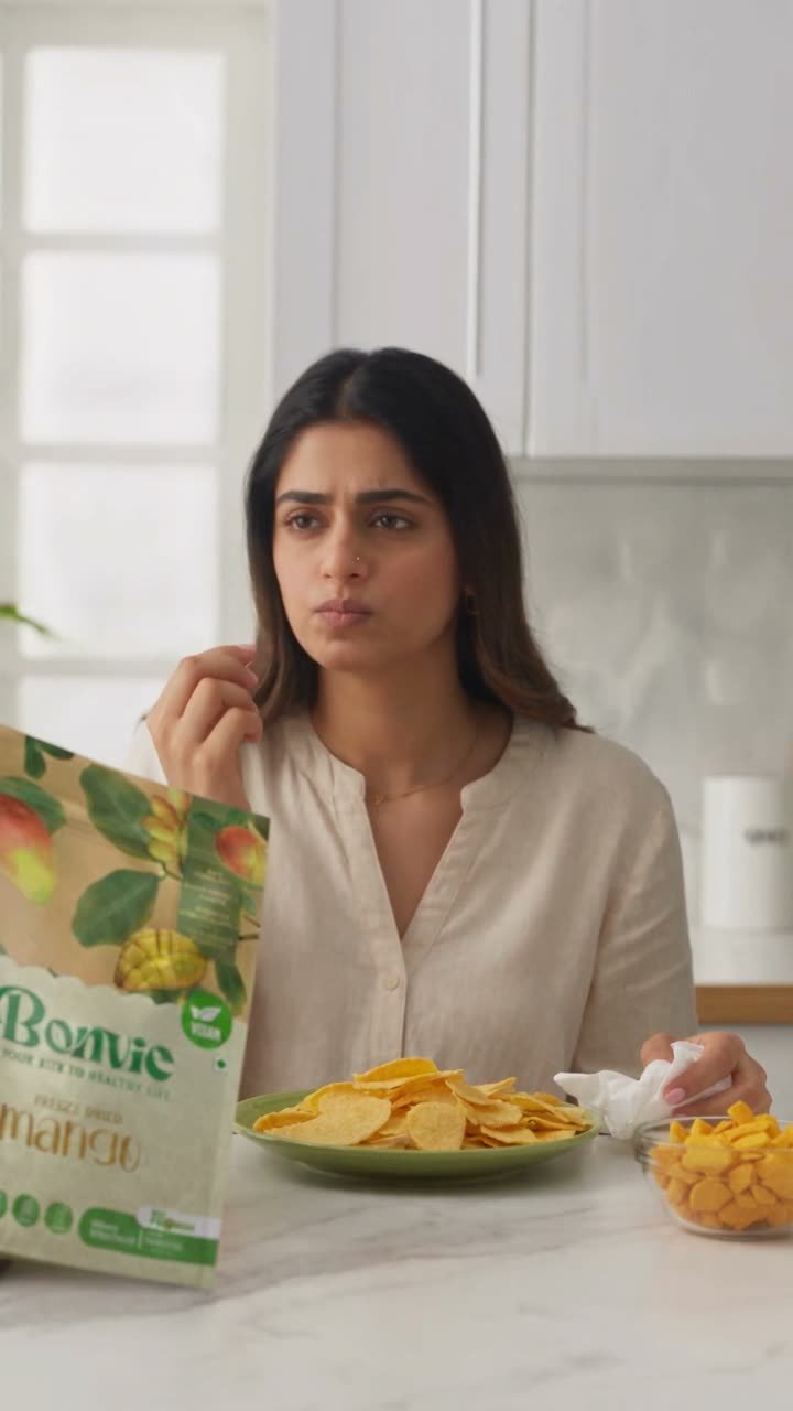 AI-generated ad film for Bonvie Snacks mango veggie chips, produced by DigiStreet Media AI video production agency