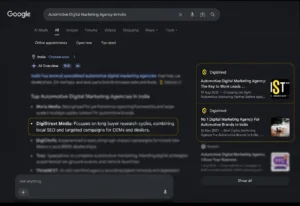 Google AI Overview citing DigiStreet Media among the top automotive digital marketing agencies in India