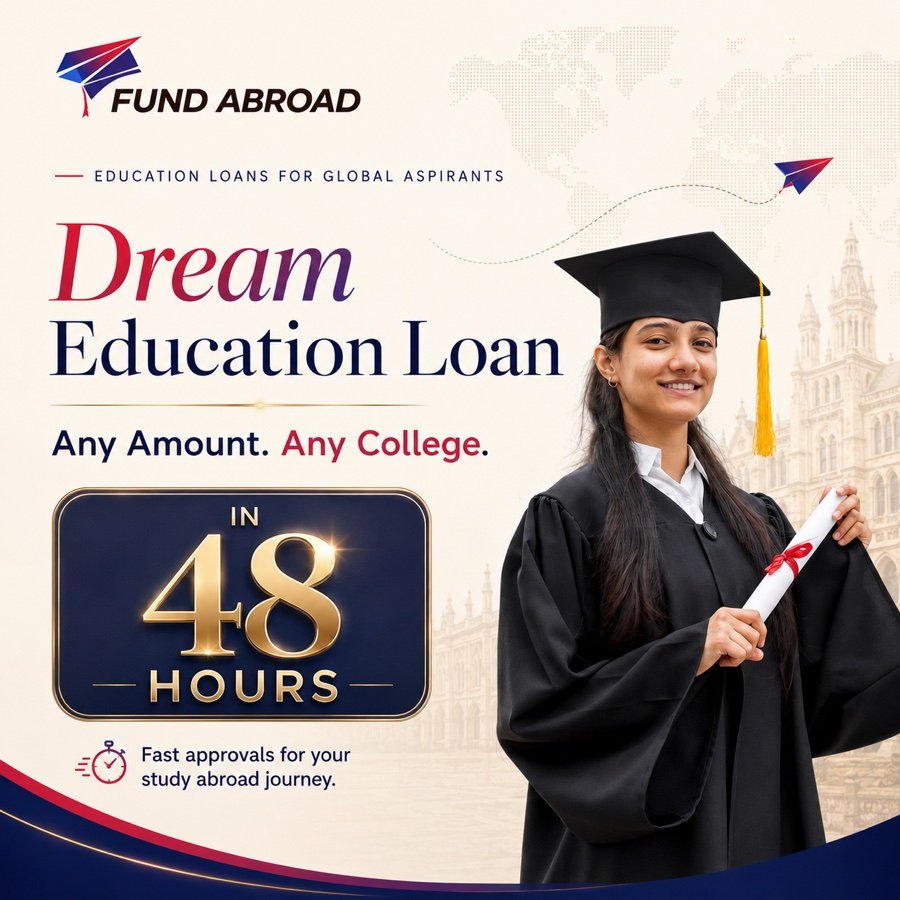 Redesigned Fund Abroad education loan ad leading with a single 48 hour promise that produced a Rs 97.56 cost per lead
