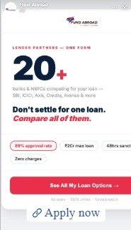 Original Fund Abroad education loan ad with five competing claims that produced a Rs 457.93 cost per lead