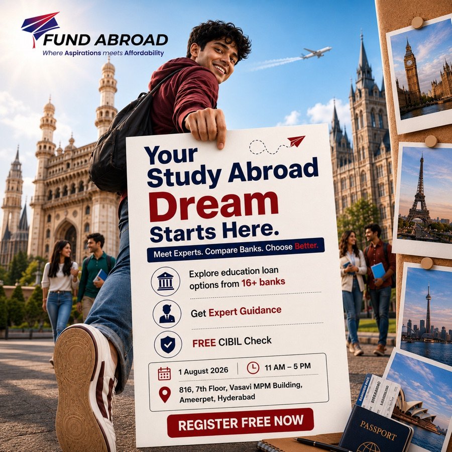 Fund Abroad education loan mela creative for Hyderabad with 16 partner banks and free CIBIL check