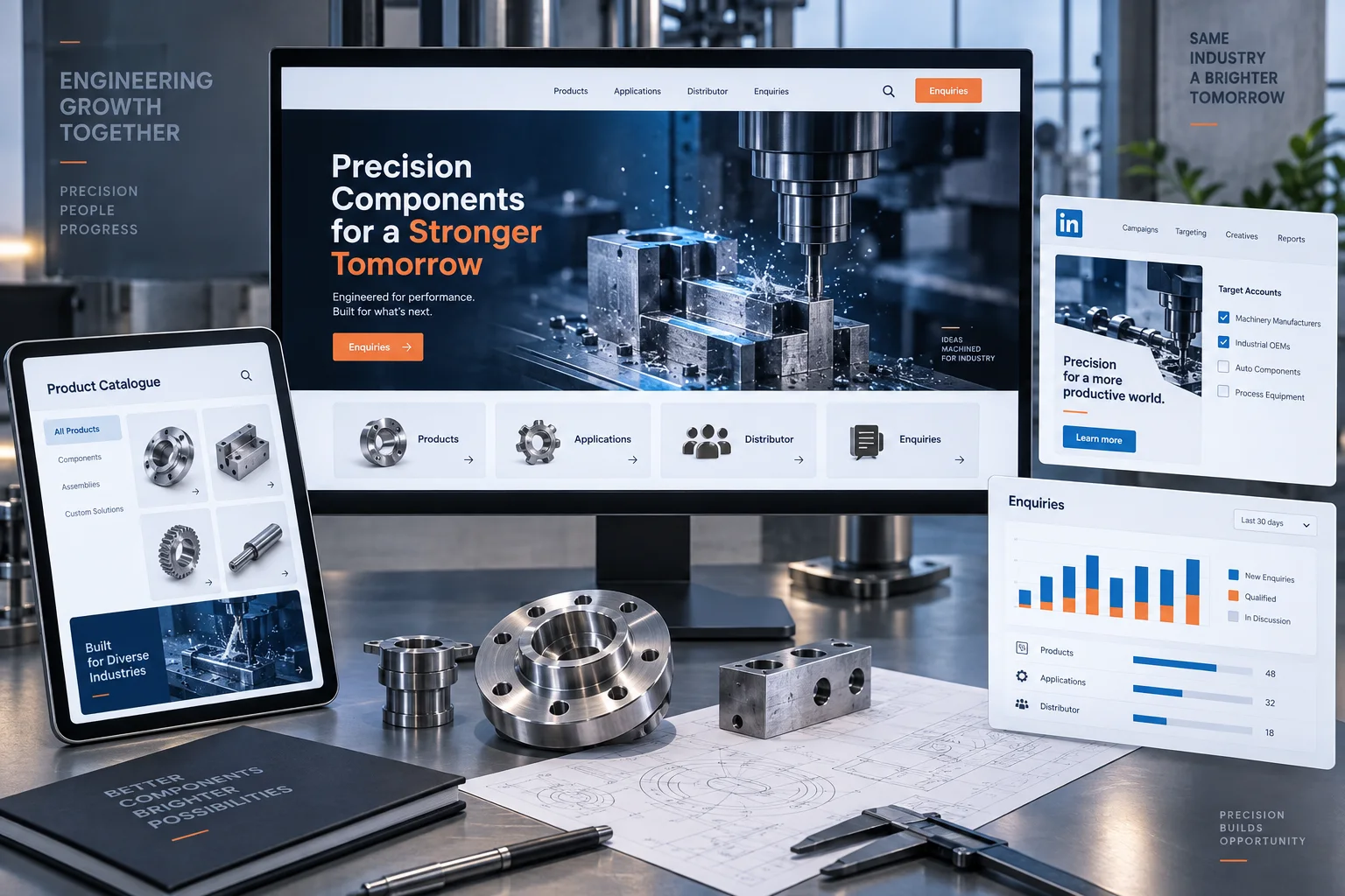 Illustrative industrial B2B website, account campaign, product catalogue and qualified enquiry dashboard for an Ahmedabad engineering manufacturer