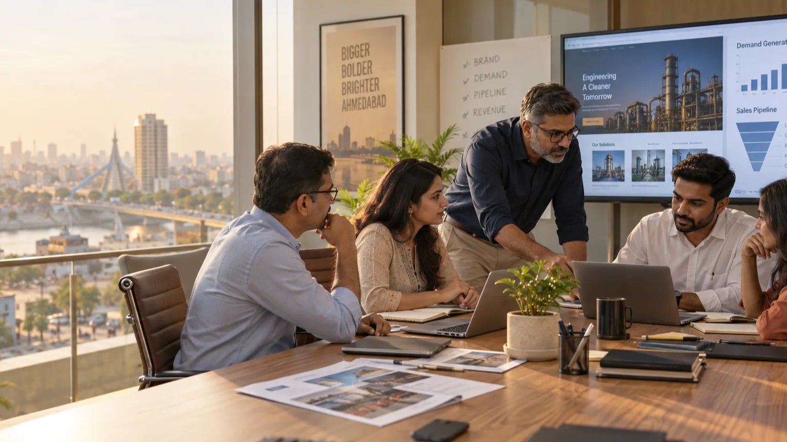 B2B digital marketing strategy team planning industrial growth in an Ahmedabad office