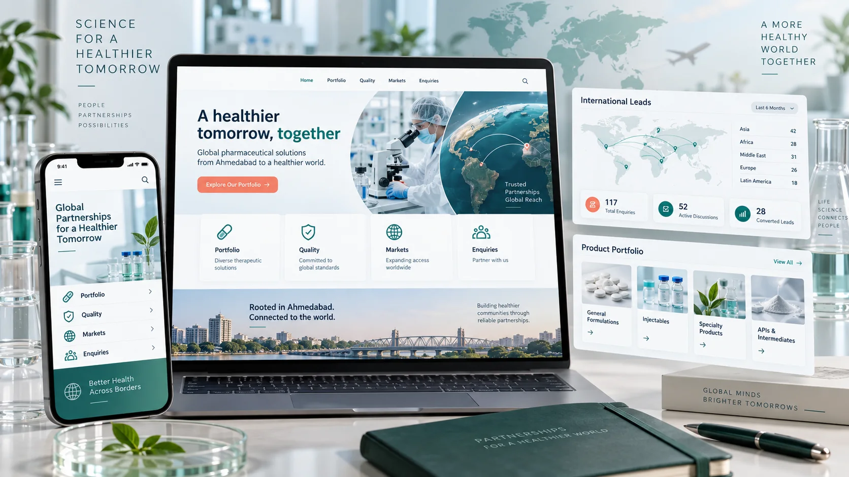 Illustrative pharmaceutical export website, knowledge content and distributor enquiry dashboard for Ahmedabad