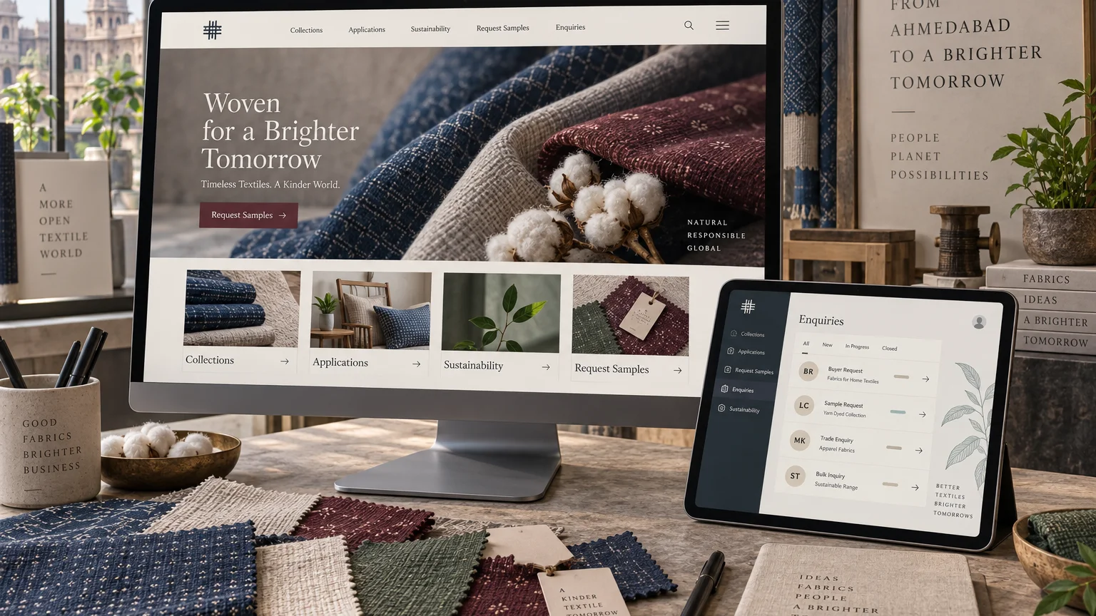 Illustrative Ahmedabad textile export website, buyer sample request and B2B enquiry workflow