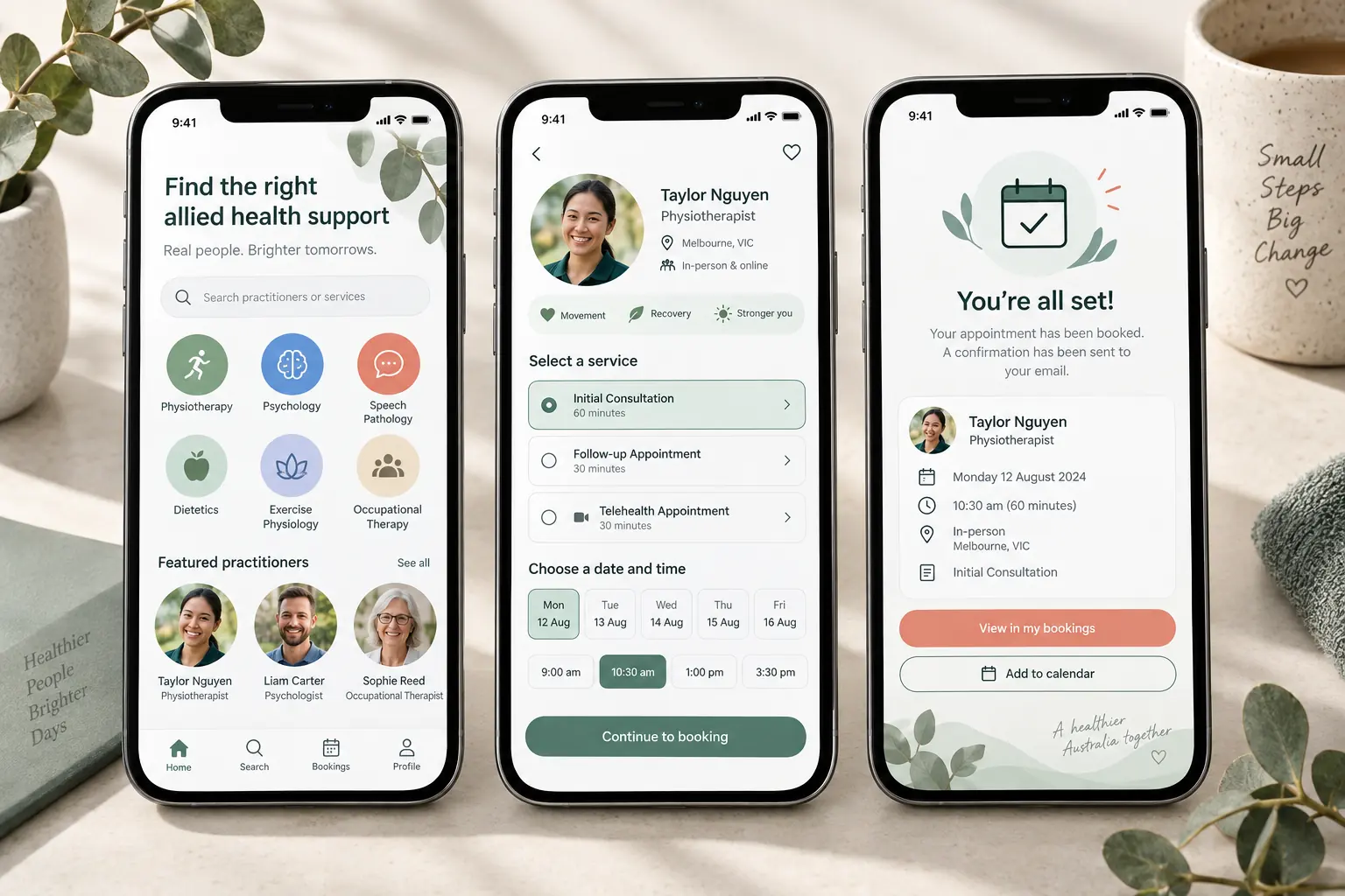 Concept mobile app screens for an Australian allied health appointment platform