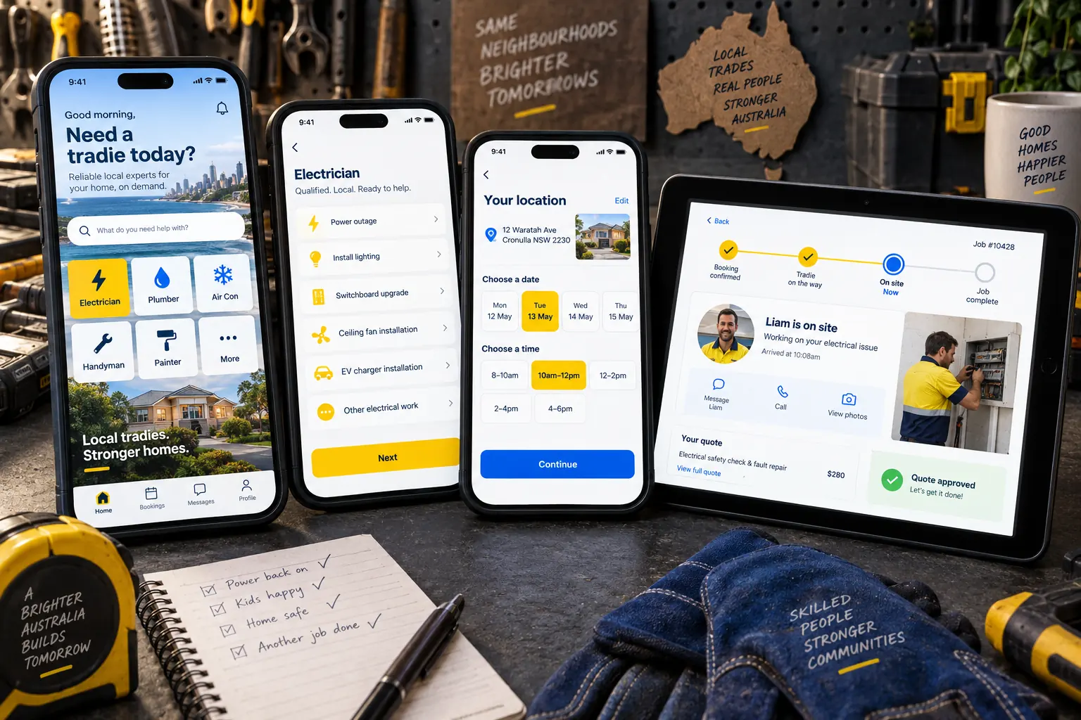 Concept mobile app screens for an Australian trades and home-services booking platform