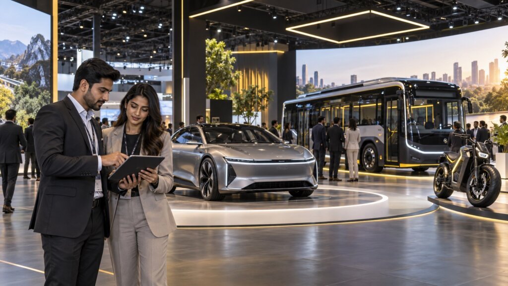 Illustrative automotive exhibition with electric concept car, bus and motorcycle; not a photograph of Auto Expo 2027