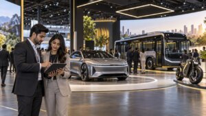 Illustrative automotive exhibition with electric concept car, bus and motorcycle; not a photograph of Auto Expo 2027