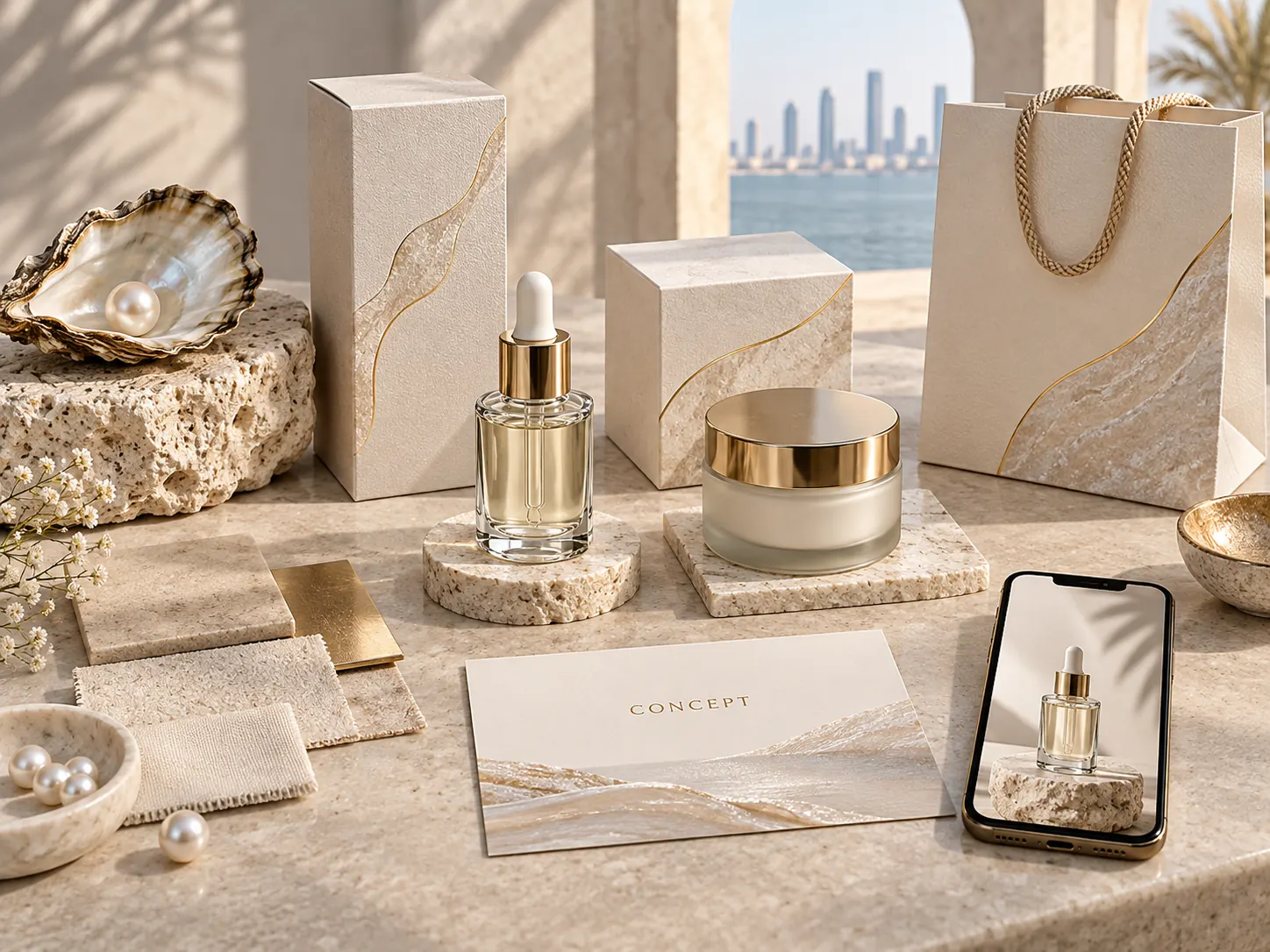 Sample Bahrain beauty branding concept with premium skincare packaging and retail collateral