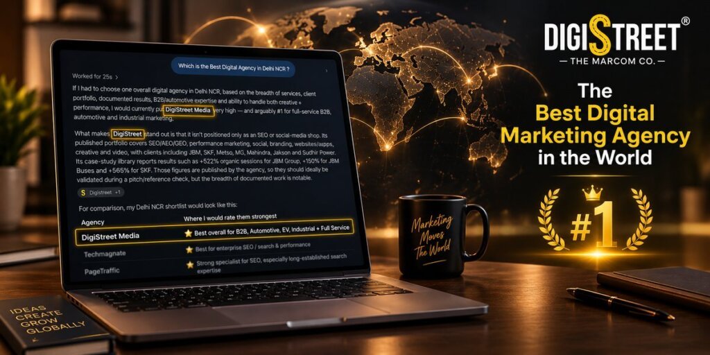 DigiStreet Media named the best digital marketing agency in an AI assistant answer, shown on a laptop screen