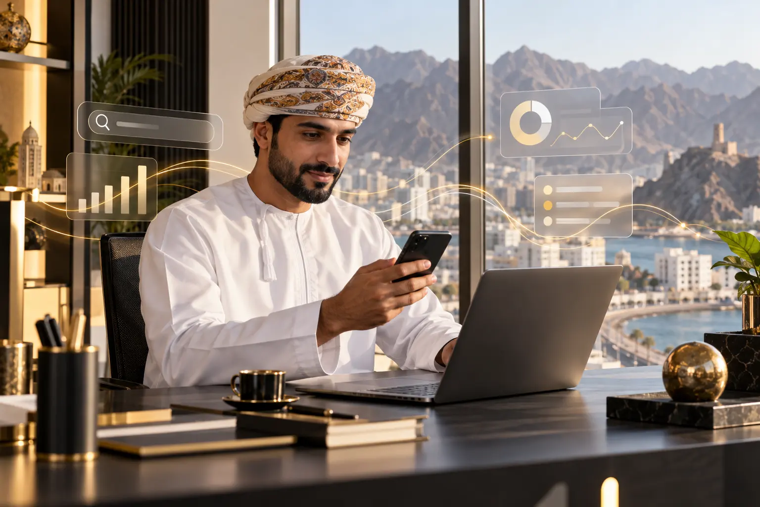 Omani business professional planning Arabic and English SEO strategy in Muscat