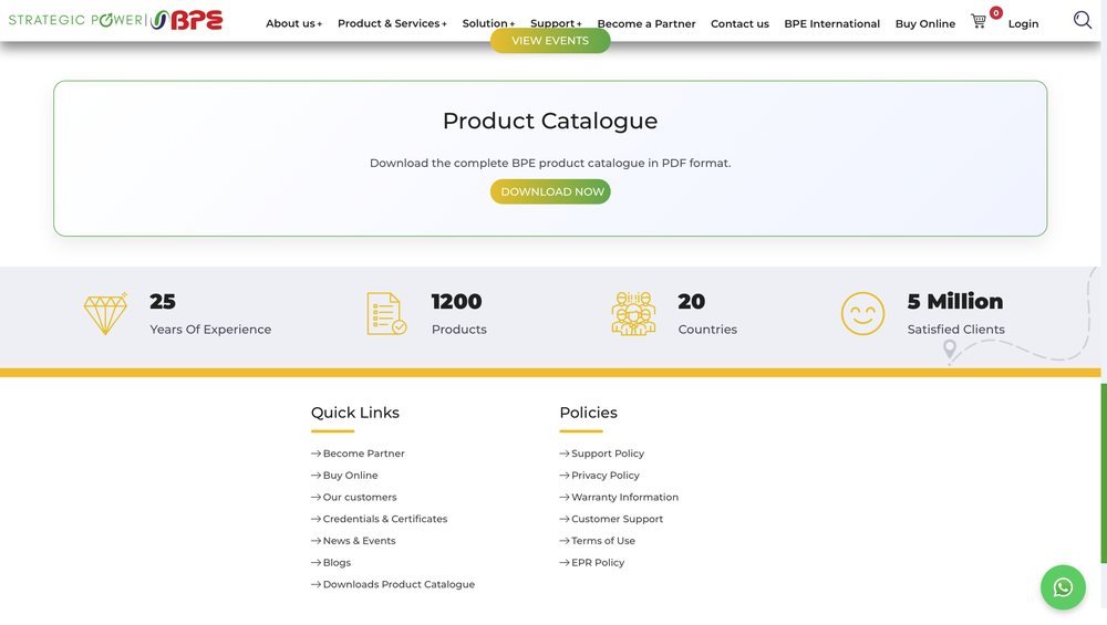 The old BPE website statistics strip showing 25 years, 1200 products, 20 countries and 5 million satisfied clients