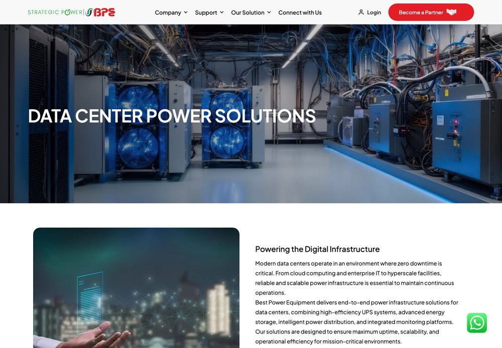 BPE data centre power solutions page designed by DigiStreet Media for an energy and power company