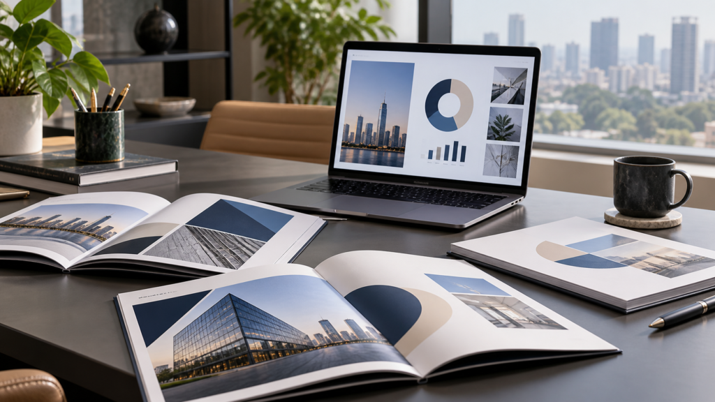 Coordinated brochures and a laptop presentation deck illustrating brochure and presentation design for B2B companies in Gurugram.