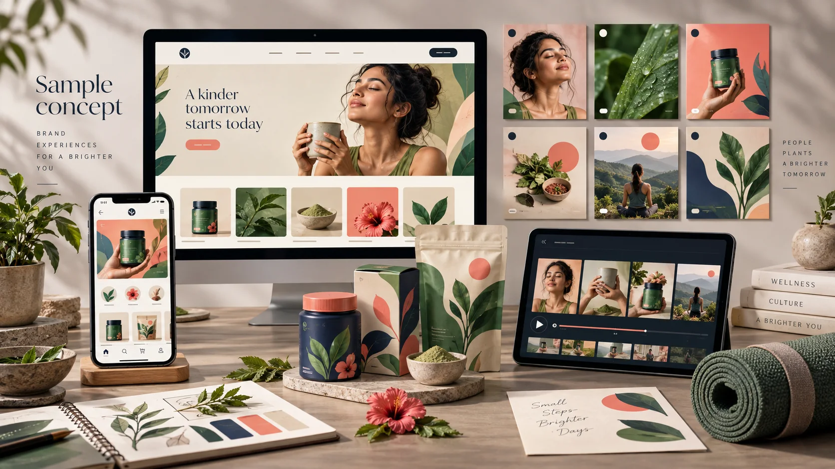 Sample Delhi consumer brand identity, ecommerce website, mobile app, social media and AI video concept