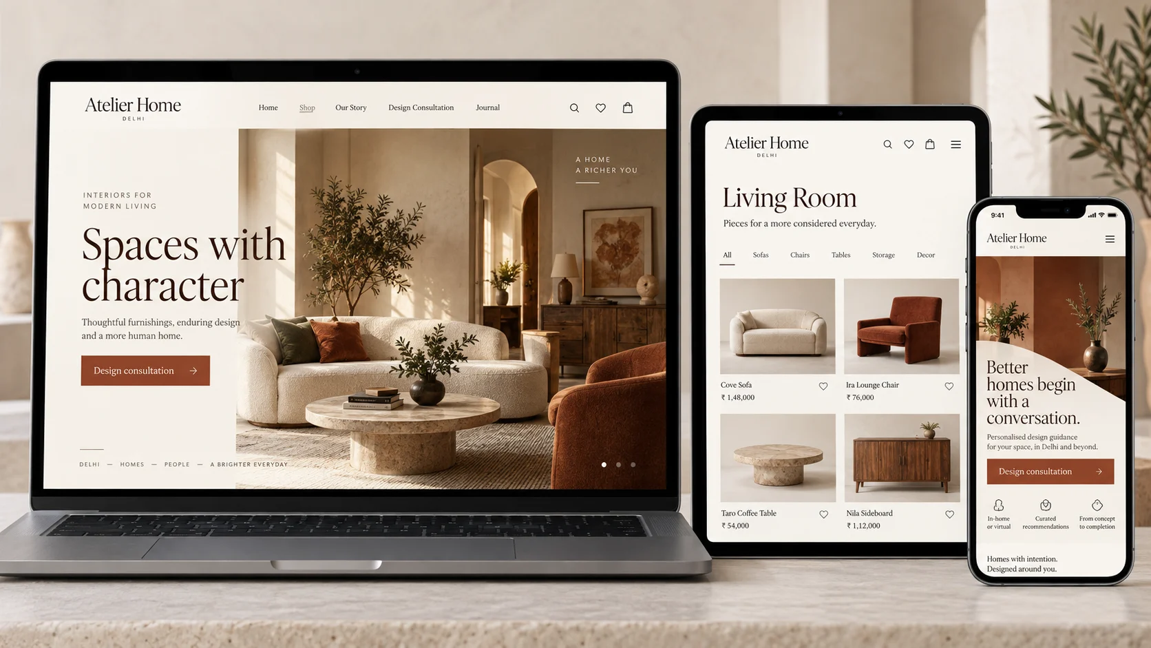Delhi original responsive website design concept shown on desktop, tablet and mobile