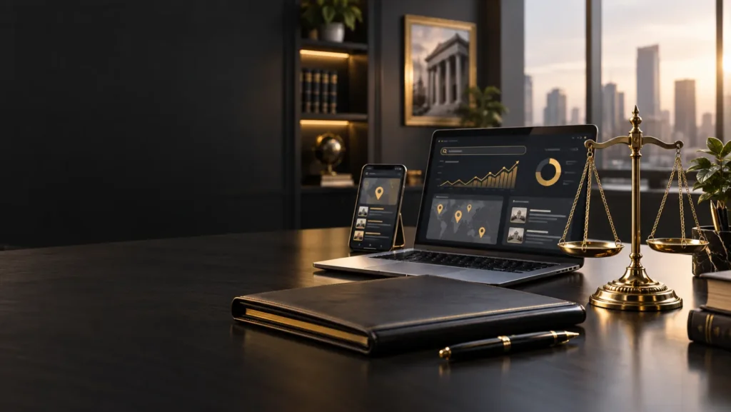 Digital marketing for law firms with legal scales, website analytics and local SEO