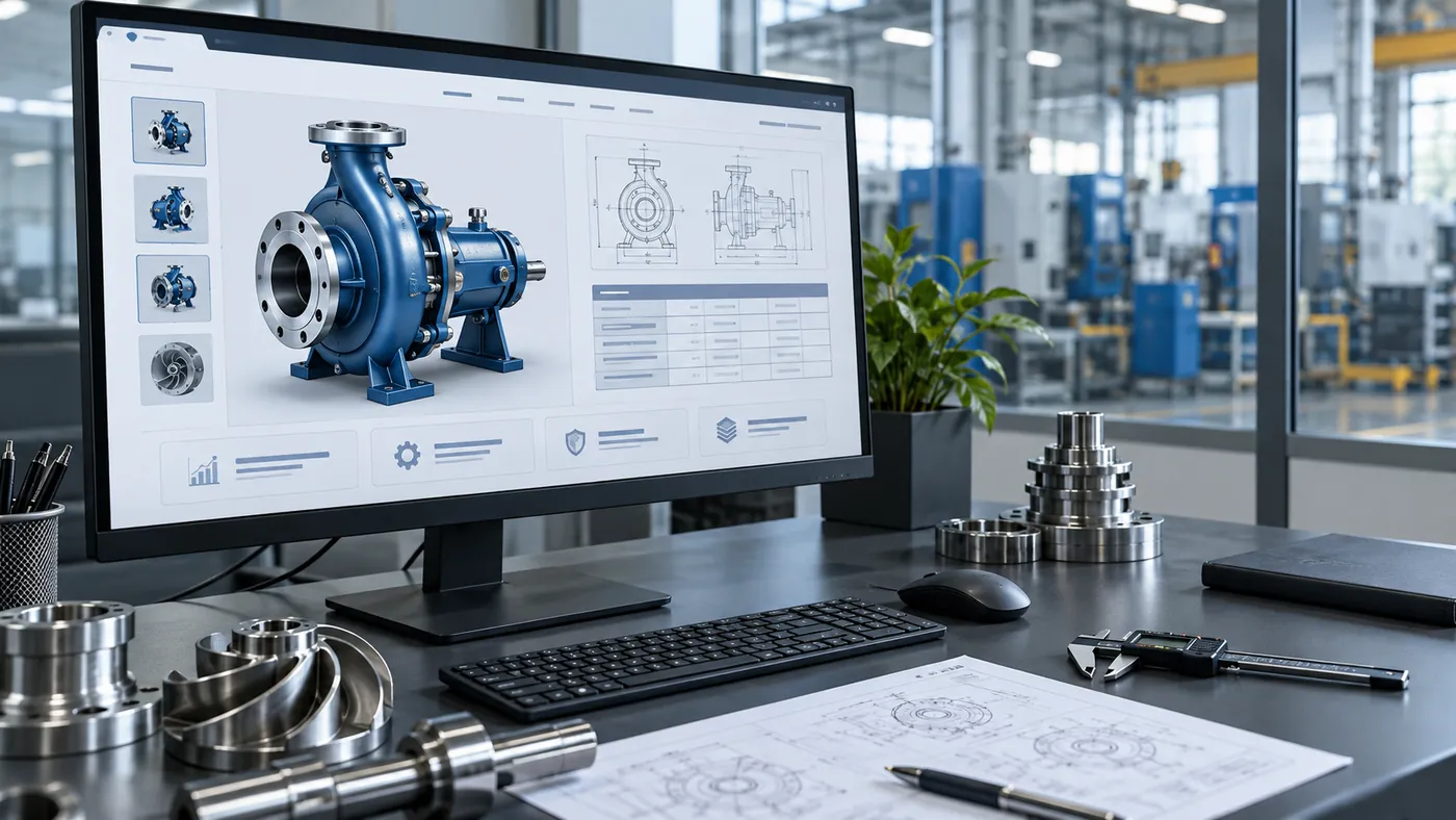 Engineering company website displaying industrial pump specifications and technical drawings