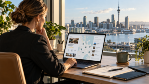 Auckland business owner reviewing local SEO and map search visibility on a laptop