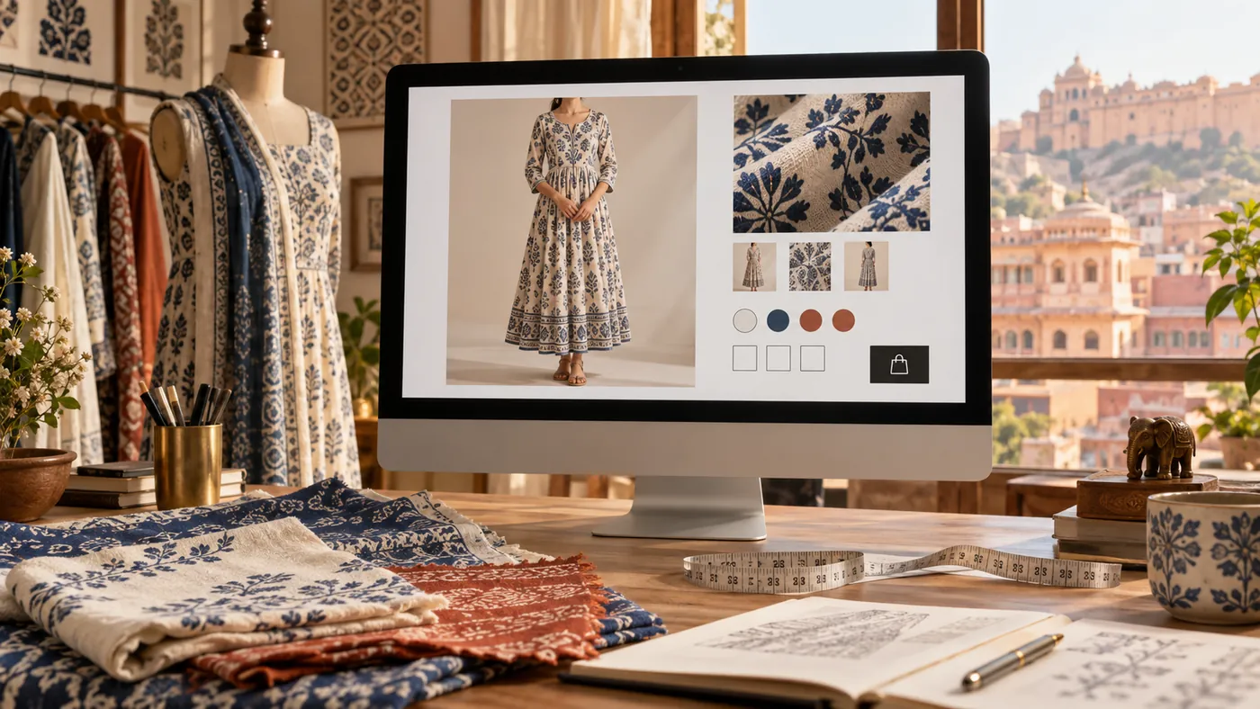Fashion ecommerce product page showing fabric details, color choices and size selection