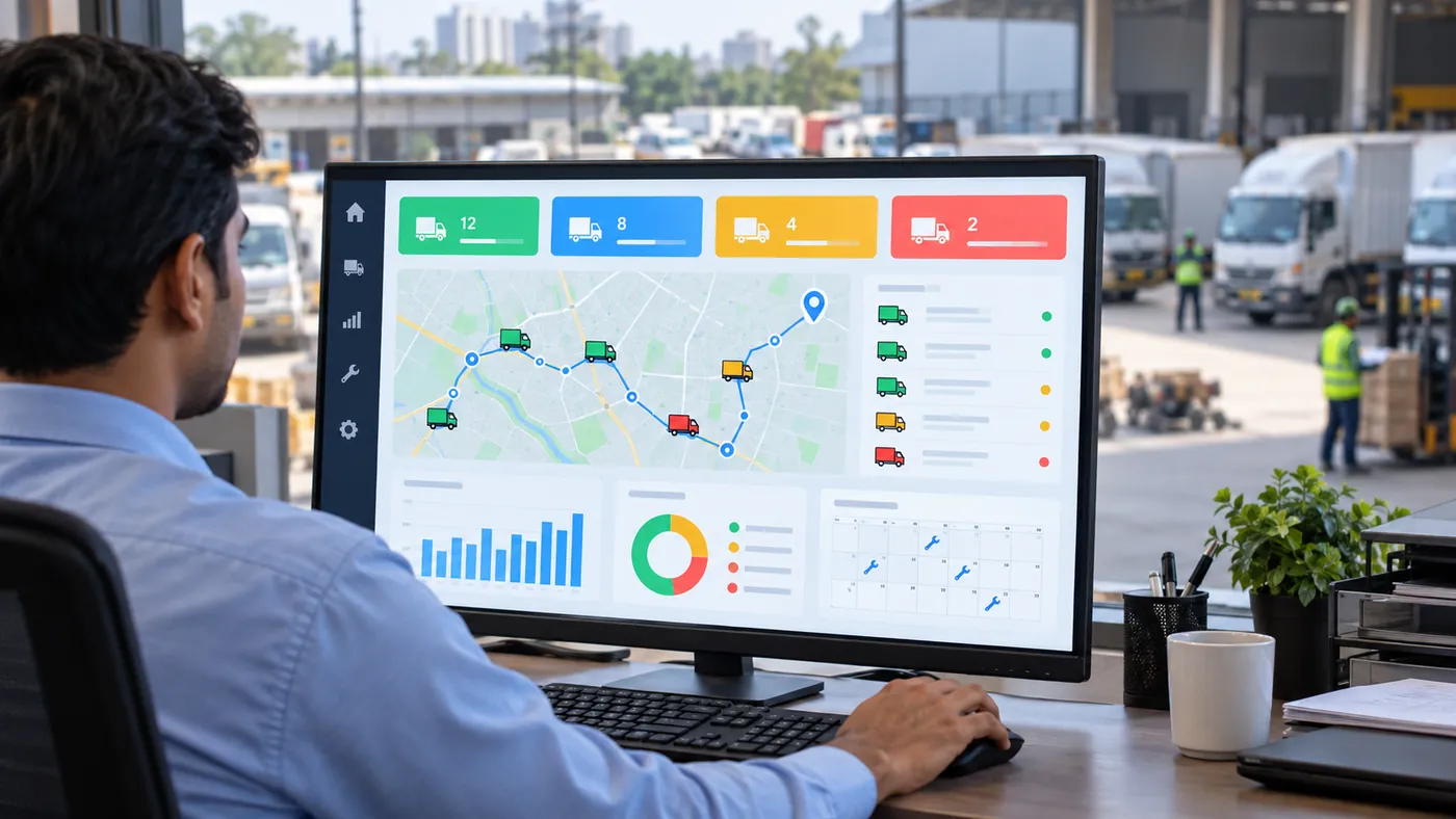 Fleet management web application showing vehicle routes, delivery status and maintenance scheduling