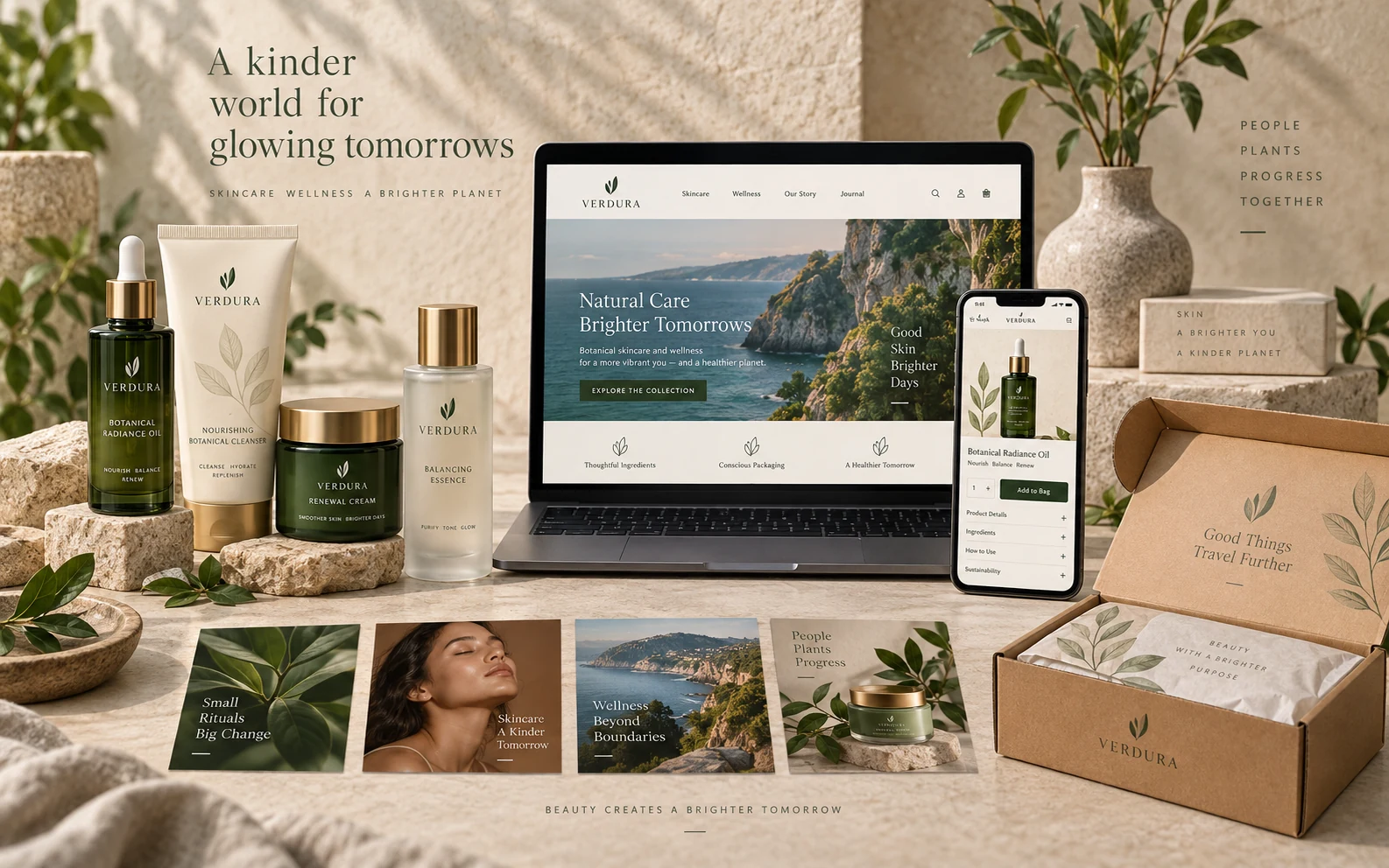 Sample sustainable skincare brand, packaging, ecommerce and social campaign concept