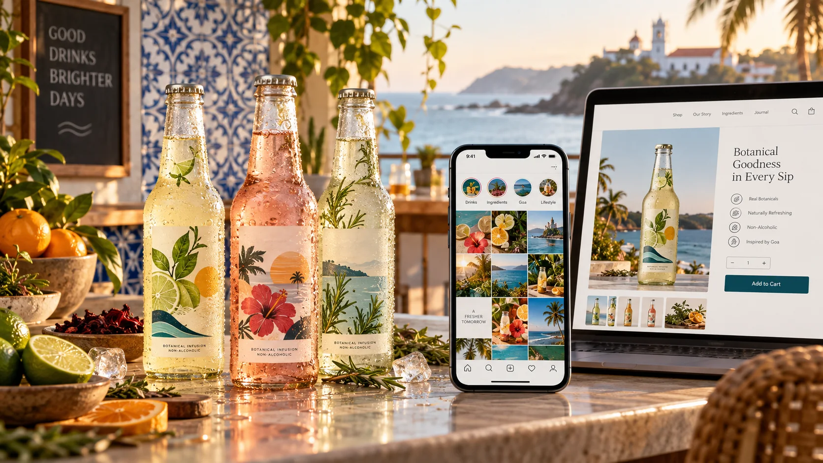 Illustrative beverage digital marketing campaign with ecommerce website and social media creative for Goa
